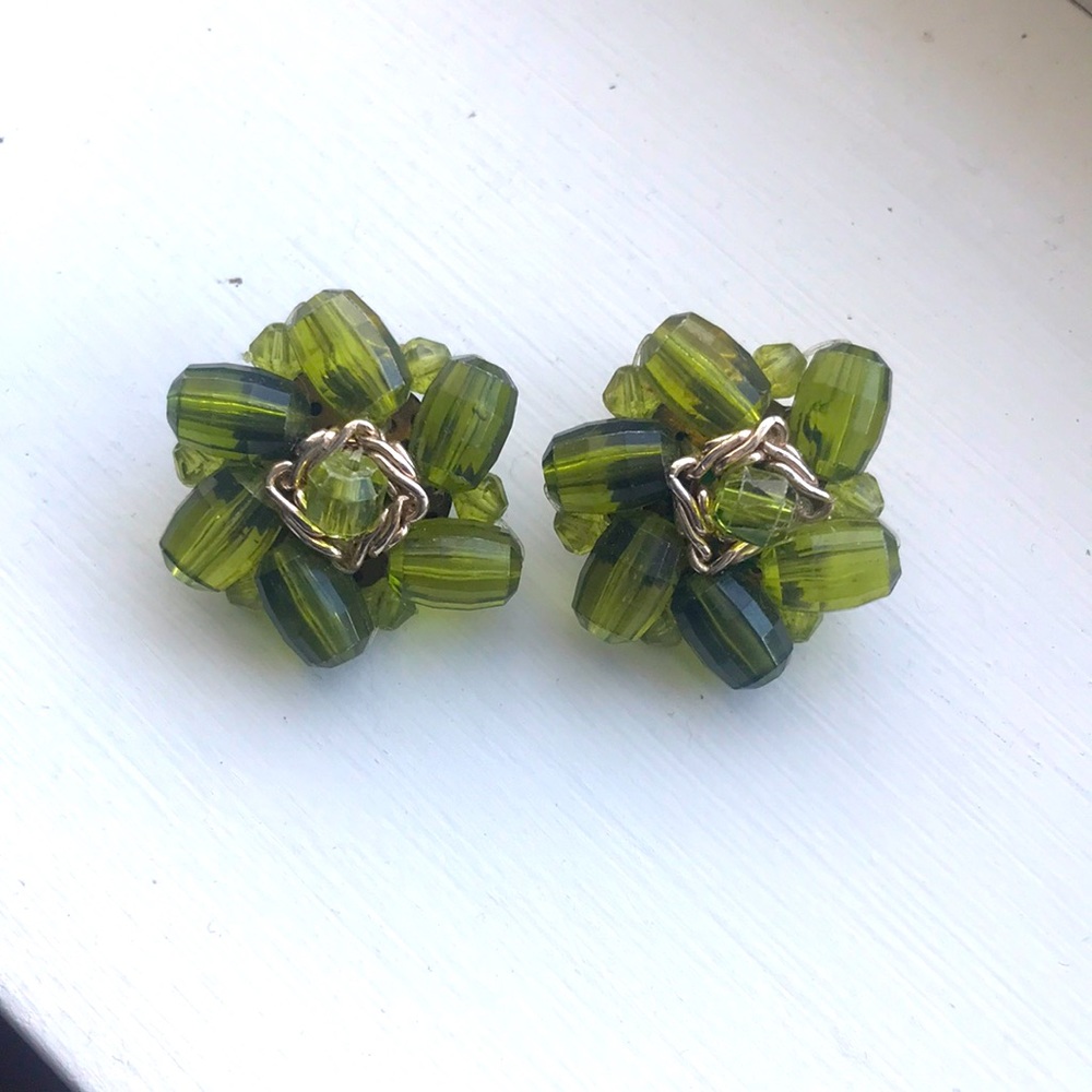 3/$30 Vintage West Germany Green Beaded Clip on Earrings 1950s